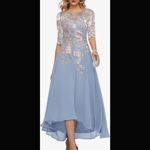 AY Pastel Lace Chiffon Gown Tie Back Midi Tea Length Prom Fairy Event Dress